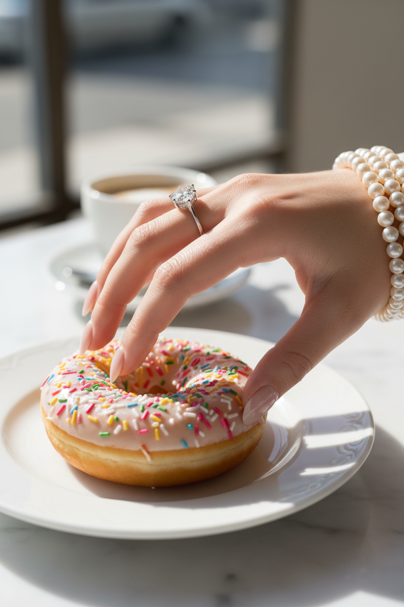 vertical picture of a woman with pearl bracelet and pear ring grabbing a donut
